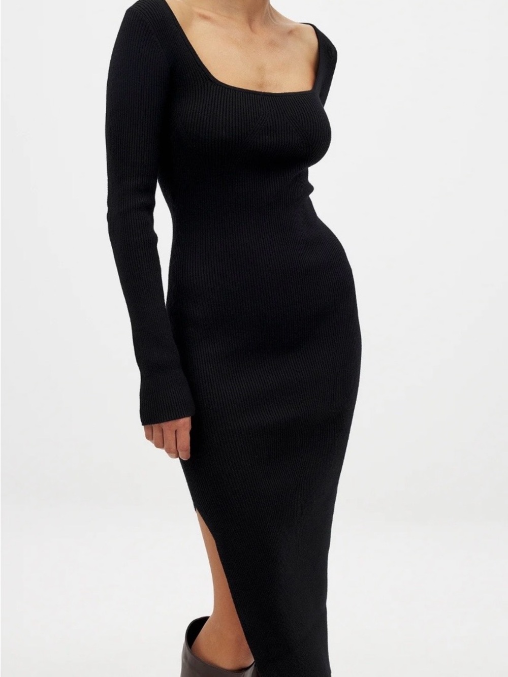 NA-KD Long Sleeve Black Ribbed Knit Midi Dress